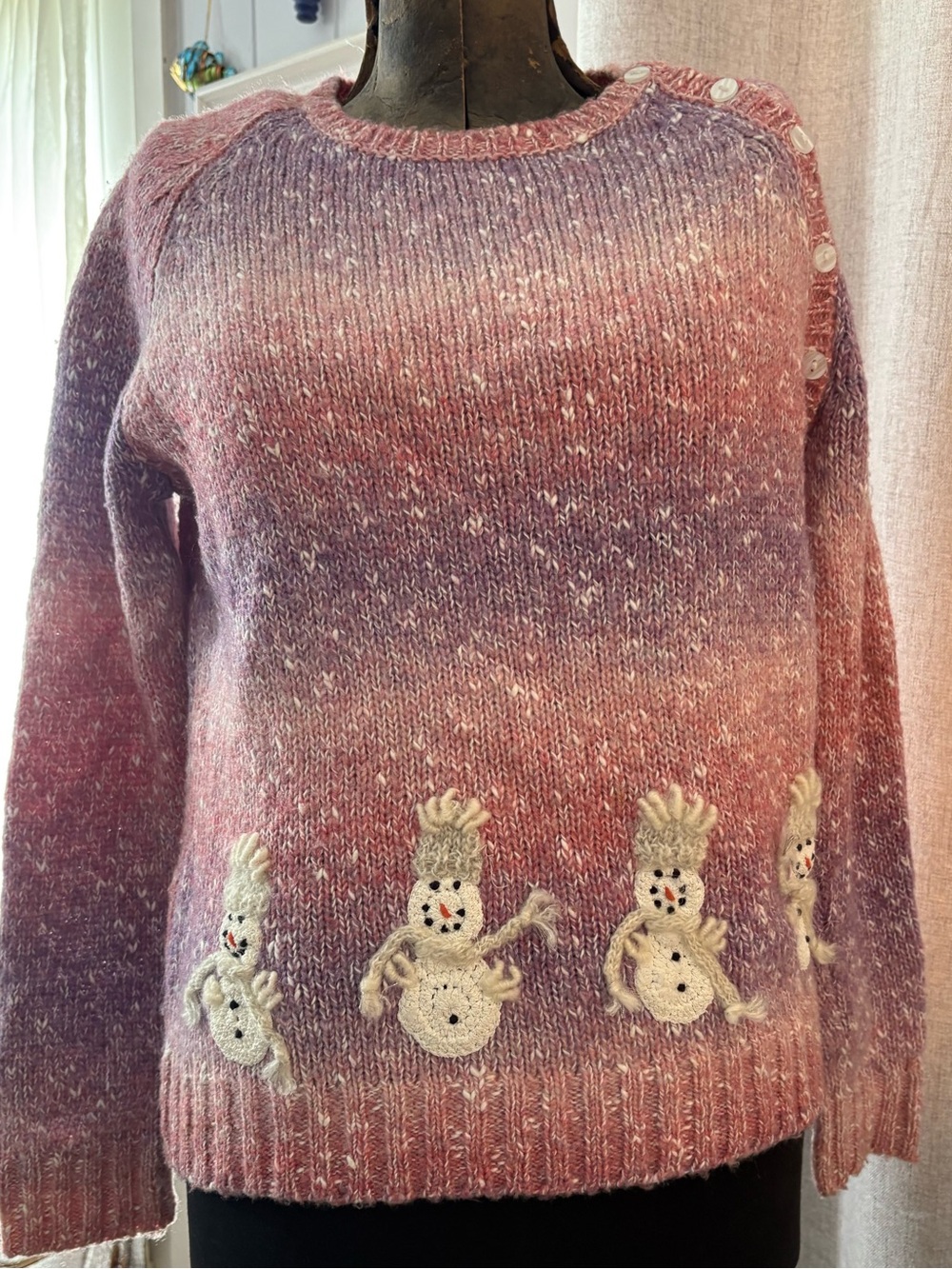 Talbots Snowman Christmas Sweater M Pink Purple Mohair 3D Applique